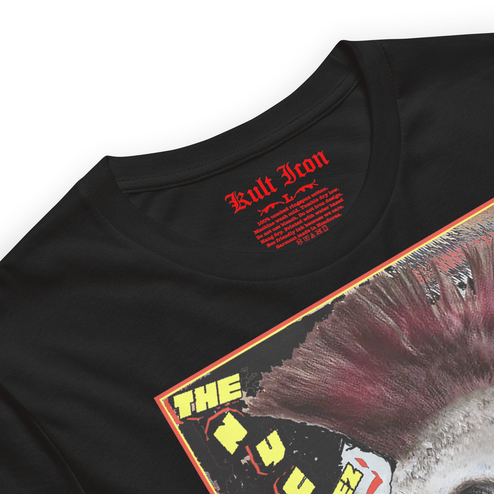 Black t-shirt with graphic design and 'Kult Iron' text on a white background