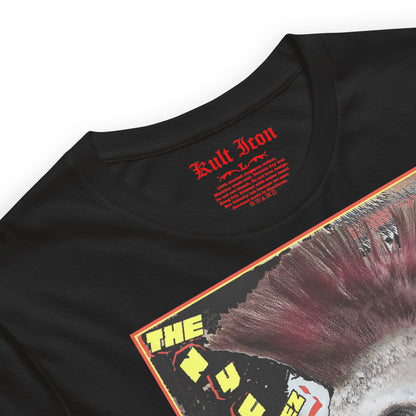 Black t-shirt with graphic design and 'Kult Iron' text on a white background