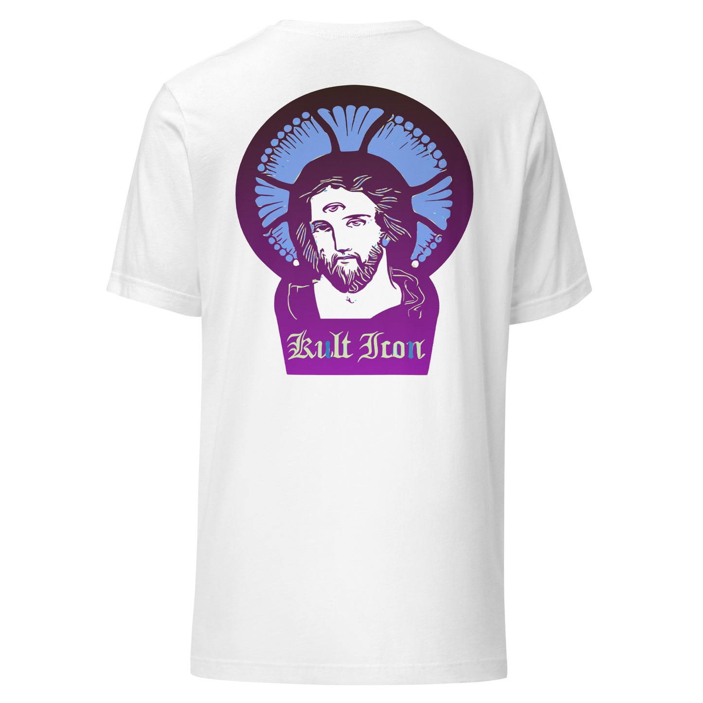 White t-shirt with a graphic design of a bearded figure and 'Kult Icon' text on the back, against a white background.