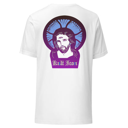 White t-shirt with a graphic design of a bearded figure and 'Kult Icon' text on the back, against a white background.