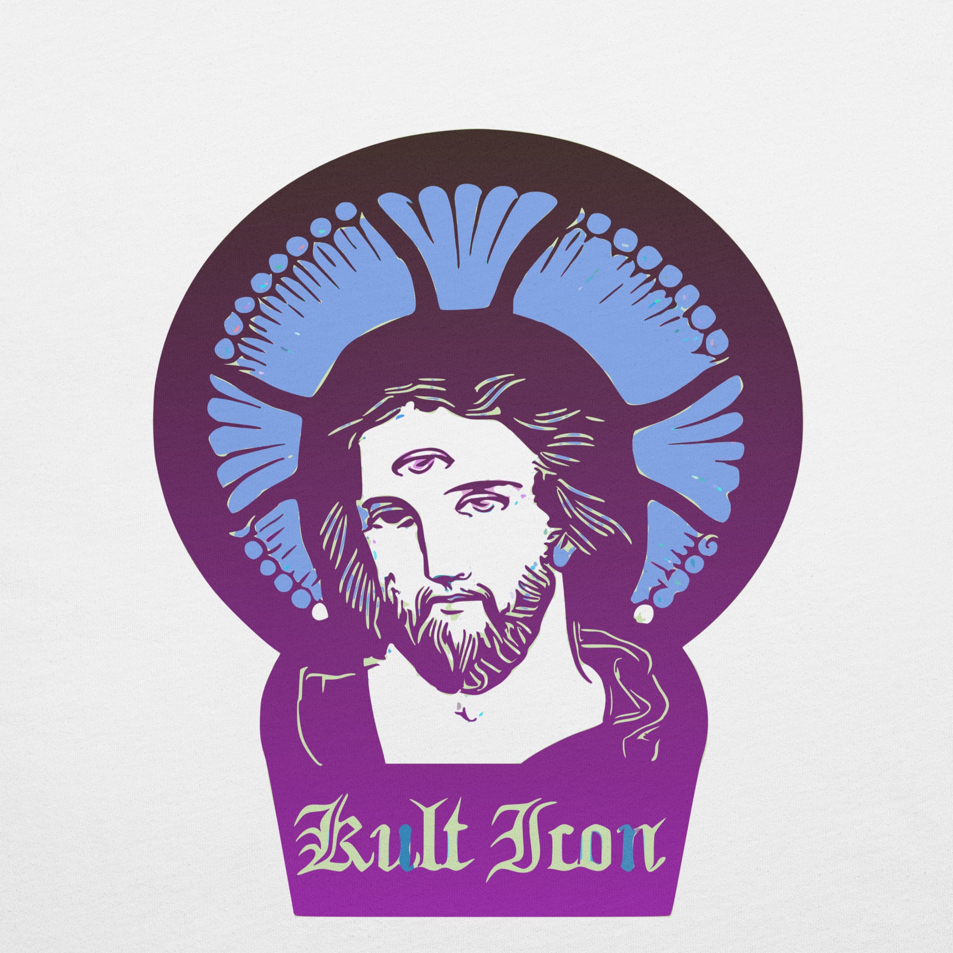 Stylized illustration of a religious figure with blue and purple design elements on a light gray background.