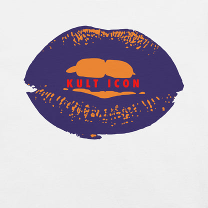 Lipstick kiss mark with 'Kult Icon' text on a white background