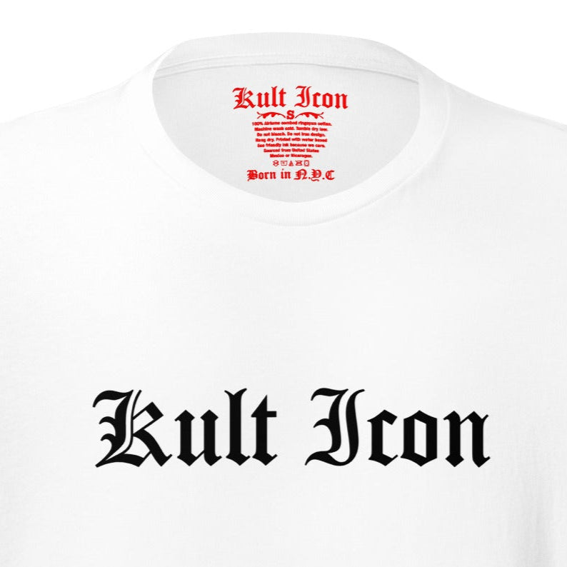 White t-shirt with 'Kult Icon' text on a white background