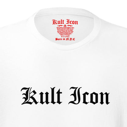 White t-shirt with 'Kult Icon' text on a white background