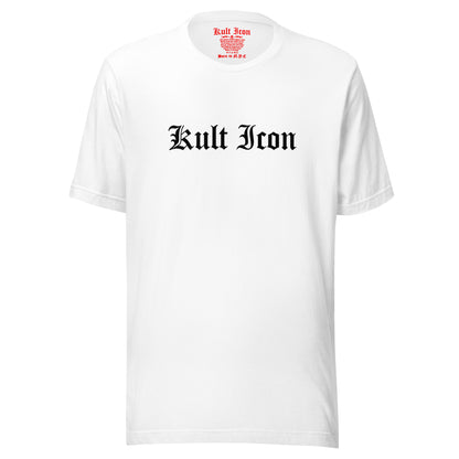 White t-shirt with 'Kult Icon' text on a white background