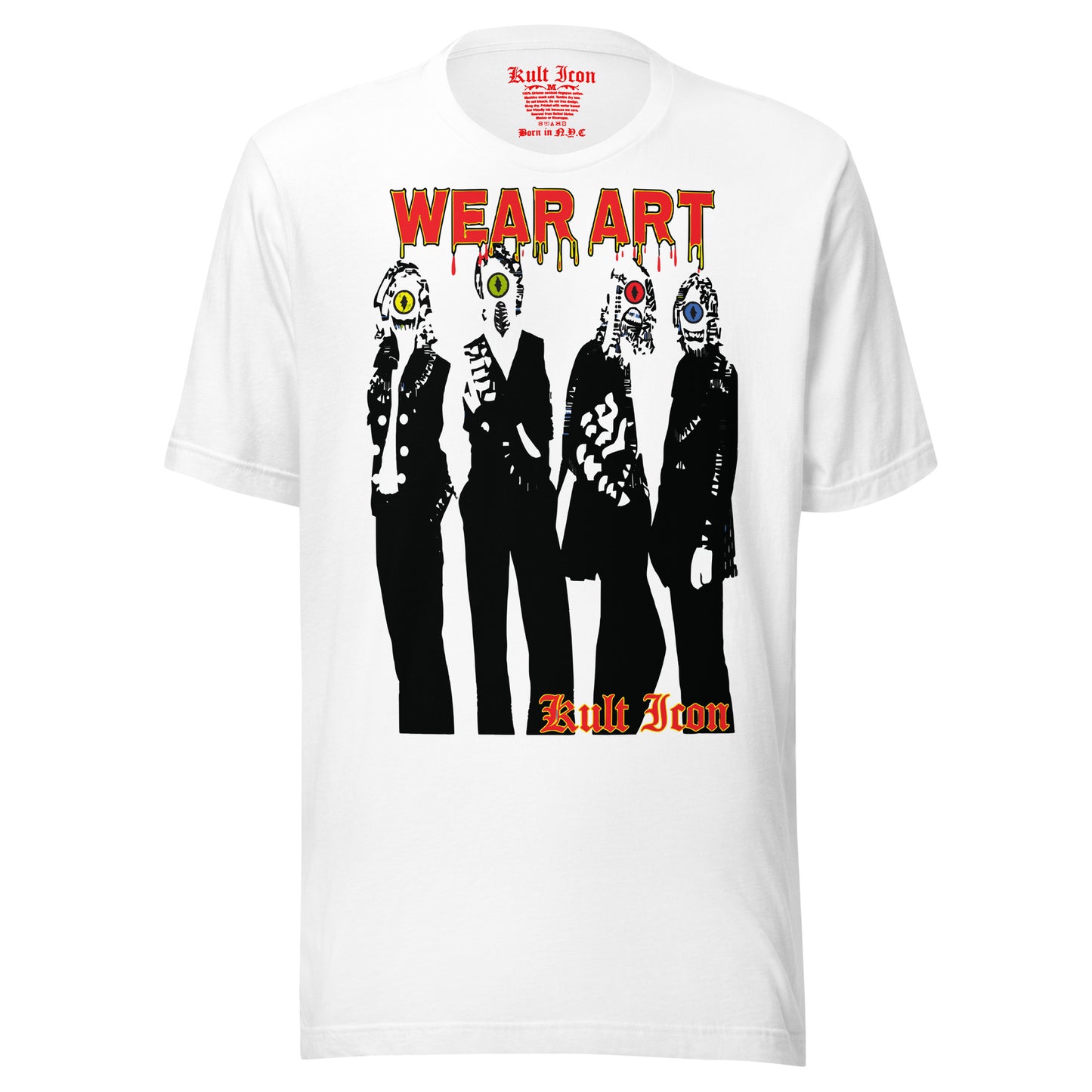 White t-shirt with black graphic design and 'Wear Art' text on a white background
