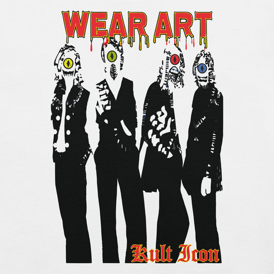 Four figures in suits with stylized faces and 'Wear Art' text above on a white background.