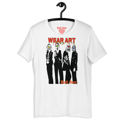 White t-shirt with graphic design and 'Kult Iron' branding on a hanger