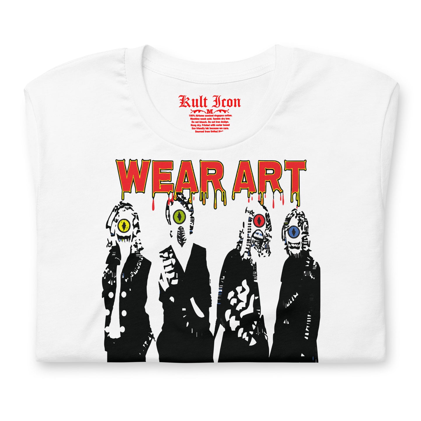 White t-shirt with graphic design featuring four masked figures and 'WEAR ART' text on a white background.