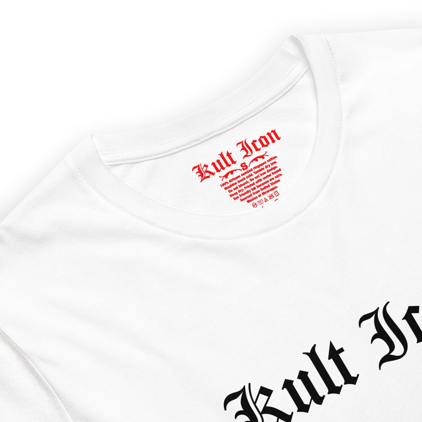 White t-shirt with red and black text on a white background