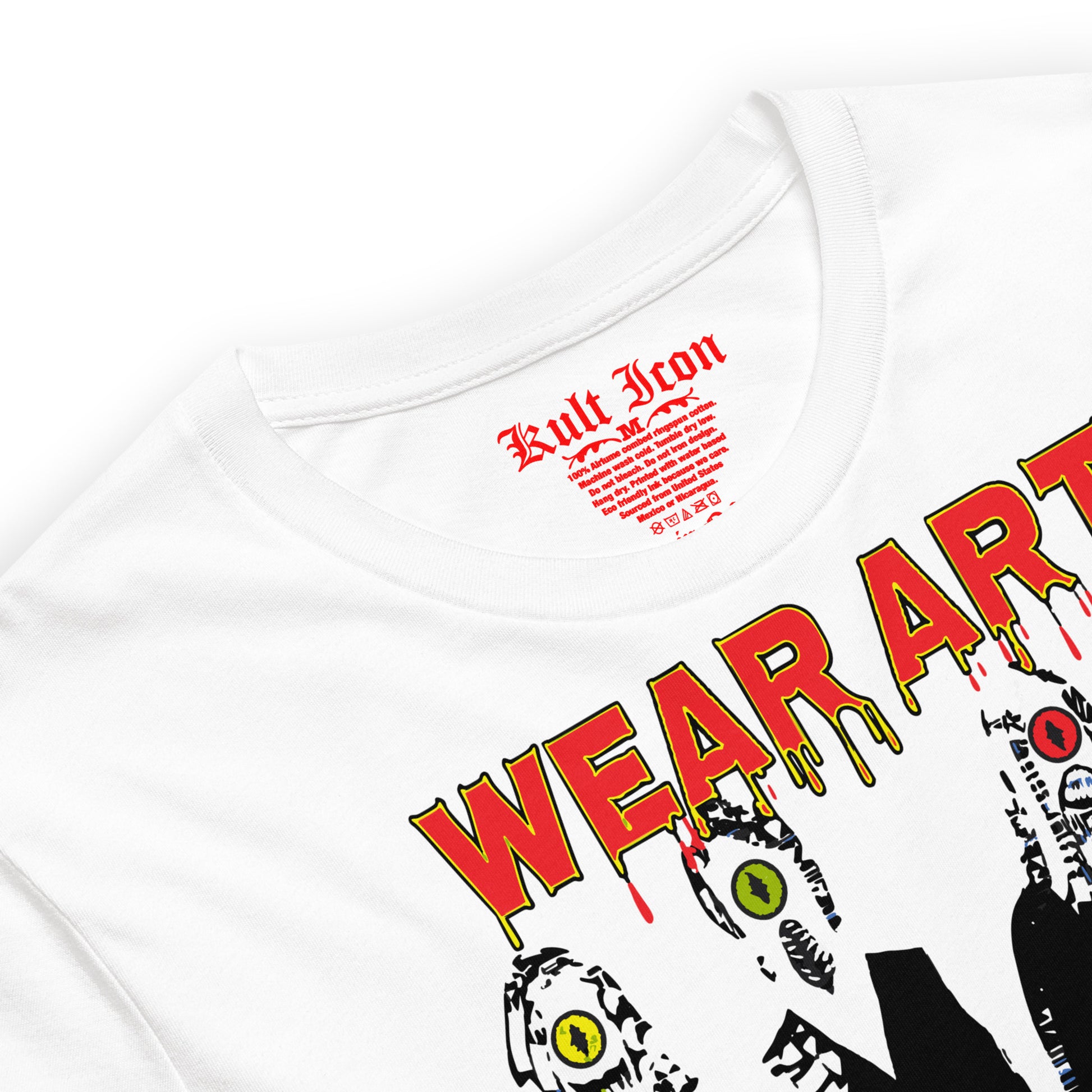 White t-shirt with red and yellow text and graphic designs on a white background