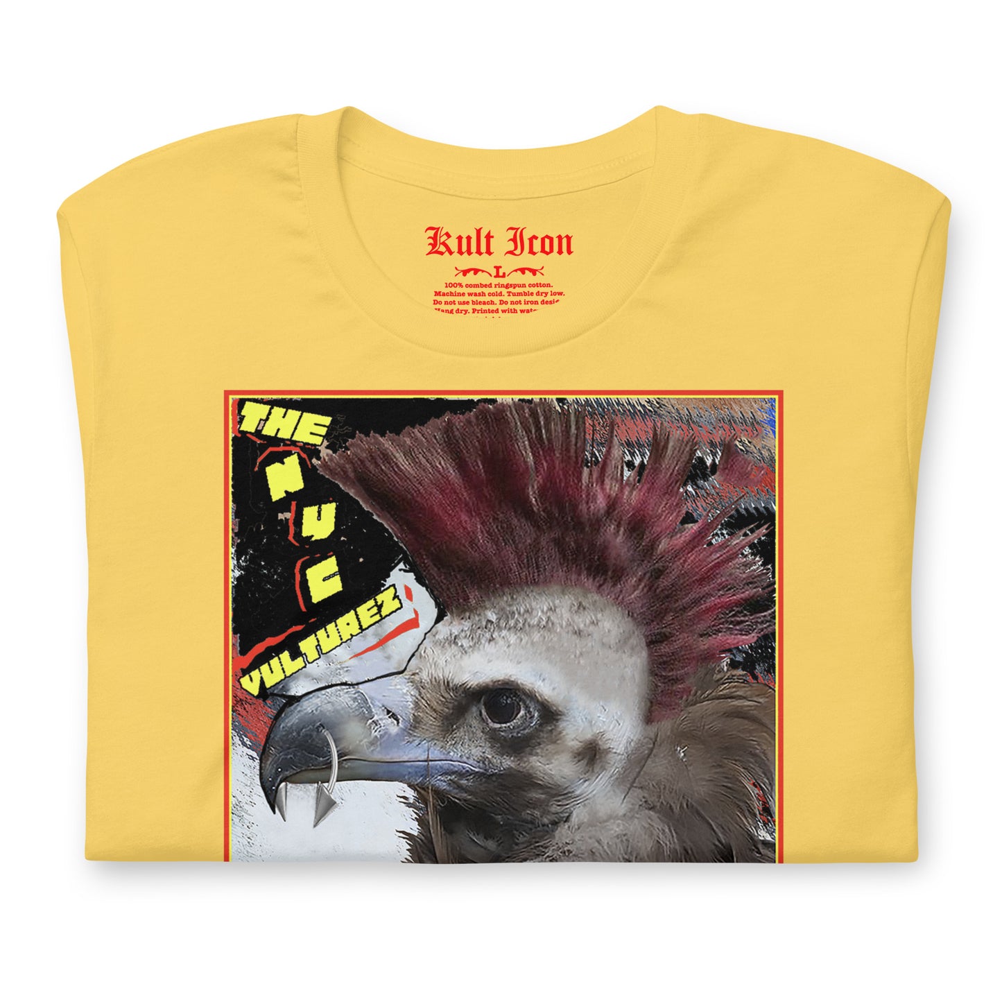 Yellow t-shirt with a graphic of a vulture with a mohawk and text on a white background
