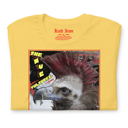 Yellow t-shirt with a graphic of a vulture with a mohawk and text on a white background
