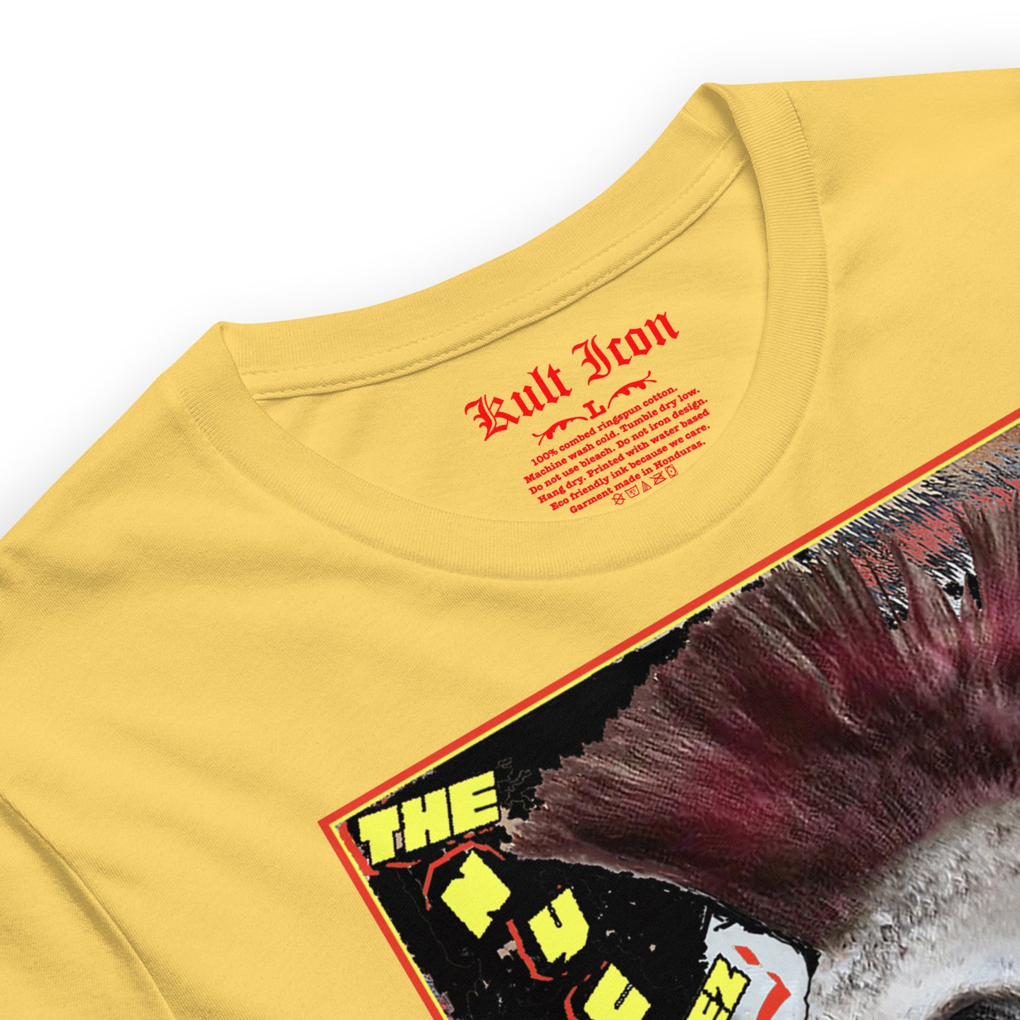 Yellow t-shirt with graphic design and text on a white background