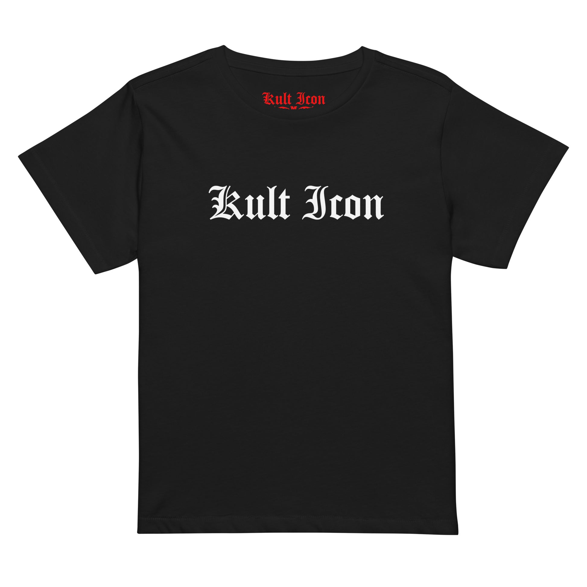 Black t-shirt with 'Kult Icon' text on a white background