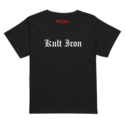 Black t-shirt with 'Kult Icon' text on a white background