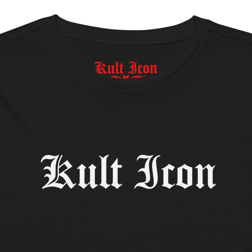 Black t-shirt with 'Kult Icon' text on a white background