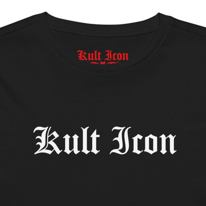 Black t-shirt with 'Kult Icon' text on a white background